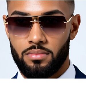 Sunglasses Men's Gold Frame Rimless Square Gradient Black Lens Street Wear Trend